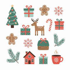 Merry Christmas and happy new year vector element set isolated on background. Cartoon santa, reindeer, gift box and snowman. Holiday icon collection in simple modern flat style