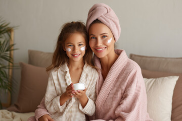 Morning Ritual: A mother and daughter share a tender moment as they embark on their morning skincare routine, fostering a bond of self-care and gentle affection.