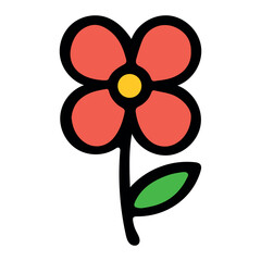 Minimal Cartoon Flower with Red Petals and Green Leaf on White Background