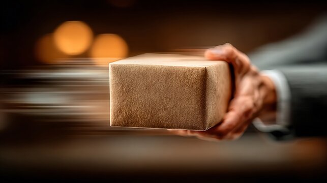 A person's hand holds a brown package, suggesting rapid delivery or a sense of urgency in the scene.