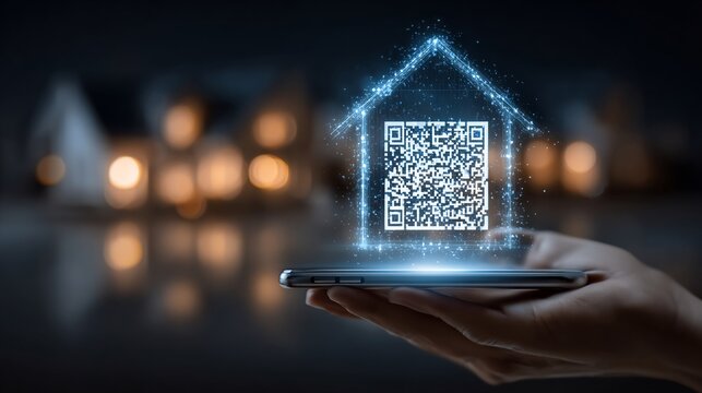 A person's hand holds a smartphone displaying a digital house with a QR code, representing smart home technology.