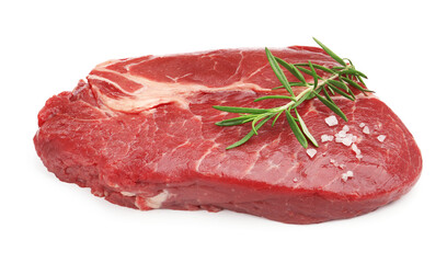 Piece of raw beef meat and spices isolated on white