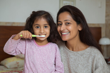 Morning Rituals: A tender moment captures a young girl and her mother as they commence their day, the girl delicately brushing her teeth while her mother smiles with warmth and love.