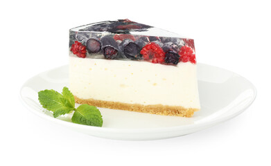 Piece of delicious cheesecake with berries and mint isolated on white