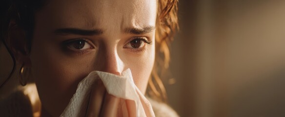 The woman holding a tissue to her face in a moody close-up