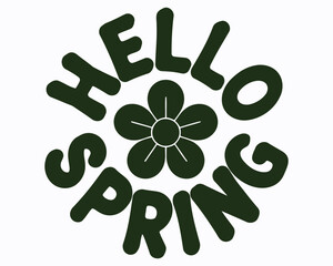 Retro Hello Spring Illustration with Groovy Typography and a Blooming Flower Center Design Welcoming the Season of Rebirth