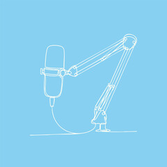 Obraz premium Minimalist line drawing of a robotic arm with a microphone attached, set against a soft blue