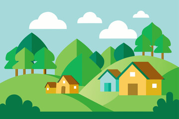 Charming village nestled in a vibrant green landscape with rolling hills and trees