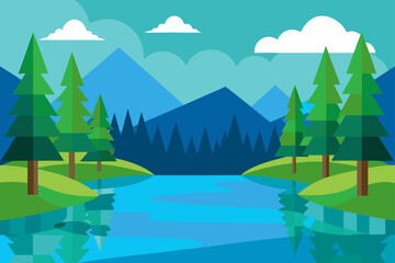 Flat design landscape with pine trees and mountains reflecting in a lake