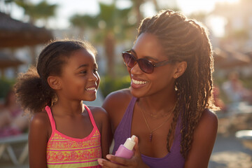 Sun-Kissed Moments: A tender moment between a mother and daughter, captured on a sunny beach day as the mother applies sunscreen to her child, embracing the warmth of the sun and the essence of care.