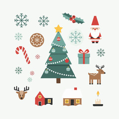 Set of Christmas objects isolated on white background. Christmas elements collection. Vector clipart.