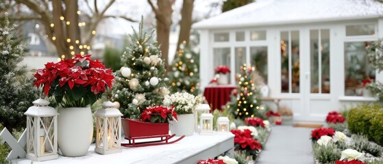 Festive winter garden scene with decorations, poinsettias, and lights inviting joy during the holiday season