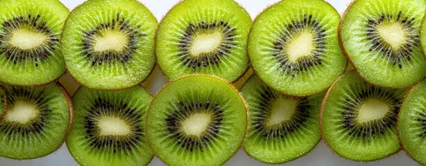 The Kiwi Slices Laid Out in Rows Vibrant Close-Up of Fresh Green Fruit