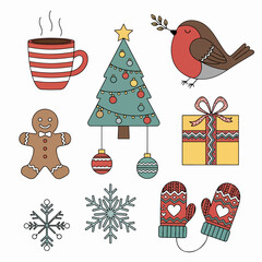 Christmas icon set with Santa, gifts, reindeer, lights and snowman, icons arranged with cozy winter charm, Christmas elements set made for festive design needs.