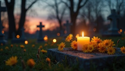 Candle burns brightly at dusk in a cemetery. Yellow flowers rest on headstone. Evening light illuminates graveyard setting with cross grave markers. Remembrance concept.