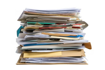 Messy paper stack documents files isolated on a transparent background
