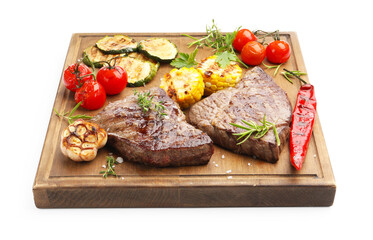Delicious grilled beef steaks with herbs and vegetables isolated on white
