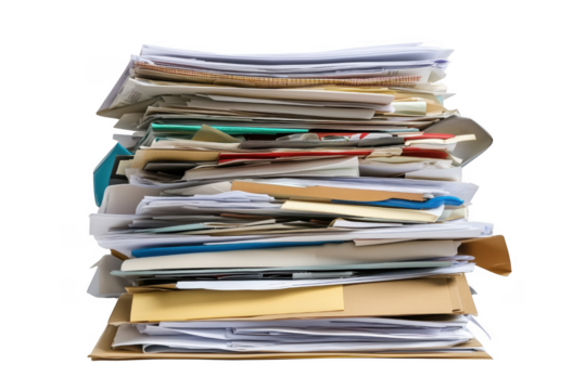 Messy paper stack documents files isolated on a transparent background