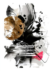 Modern abstract art composition with mixed media elements. Expressive black ink splashes, gold textures, and pink watercolor on a white background
