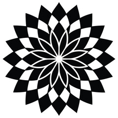 Geometric Flower Mandala with Symmetrical Radial Design in Black and White Vector Illustration