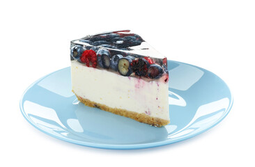 Piece of delicious cheesecake with berries isolated on white