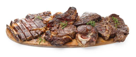 Pieces of tasty grilled beef with rosemary isolated on white