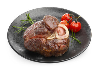 Tasty grilled beef steak with rosemary and tomatoes isolated on white