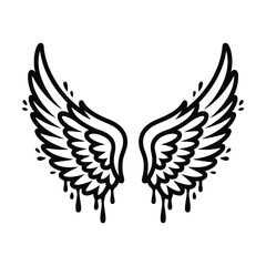Minimalist black and white graffiti-style illustration of a pair of angel wings with dripping paint effect