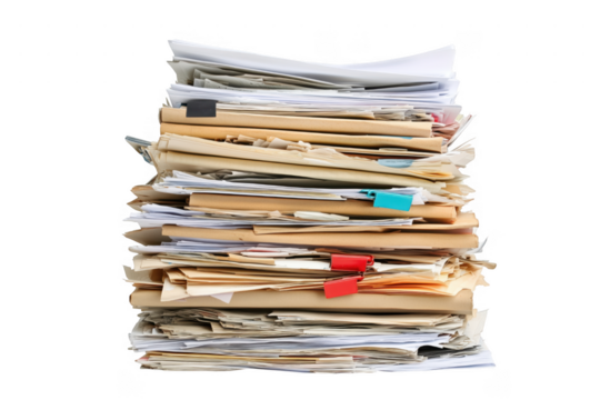 Tall stack of documents isolated on a transparent background