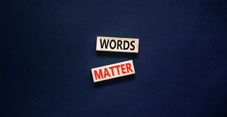Words matter symbol. Concept word Words matter on beautiful wooden blocks. Beautiful black paper background. Business words matter concept. Copy space.