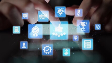 Fototapeta premium Quality approval and certification icons showing verified badge, standard check, award, trophy, inspection, rating, quality management, guarantee, trust, and compliance. Funnel