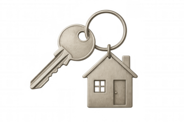 House key and home shape keychain for real estate, buying, selling, and property ownership on transparent background