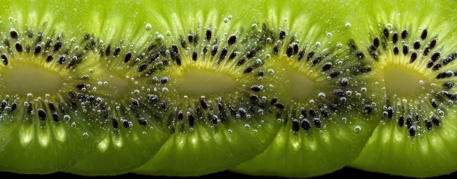 The kiwi slices close-up with vibrant green flesh and glistening water droplets