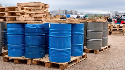 Stacked barrels of various colors on wooden pallets in an outdoor storage area filled with industrial supplies during the day