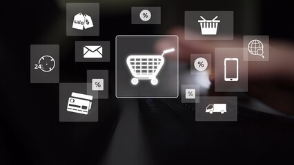 Naklejka premium Omni-channel marketing and online shopping strategies, cross-platform customer experience, brand unification, and integrated marketing communication across digital channels. Muxer