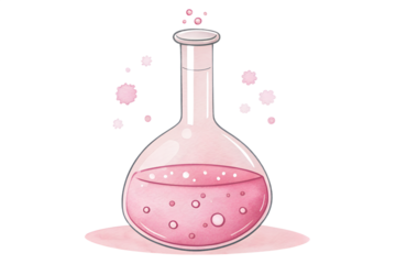 A watercolor pink chemistry flask with a soft, hand-painted texture. The flask has a round base and a narrow neck, filled with a light pink liquid and subtle bubble details. Perfect for school laborat