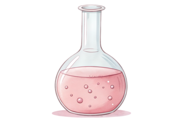 A watercolor pink chemistry flask with a soft, hand-painted texture. The flask has a round base and a narrow neck, filled with a light pink liquid and subtle bubble details. Perfect for school laborat