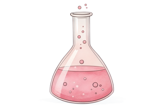 A watercolor pink chemistry flask with a soft, hand-painted texture. The flask has a round base and a narrow neck, filled with a light pink liquid and subtle bubble details. Perfect for school laborat