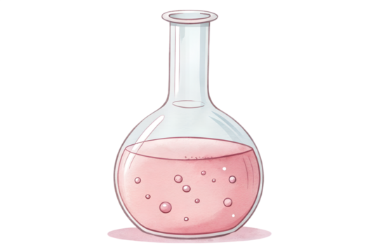 A watercolor pink chemistry flask with a soft, hand-painted texture. The flask has a round base and a narrow neck, filled with a light pink liquid and subtle bubble details. Perfect for school laborat