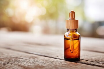 Amber dropper bottle on wooden surface