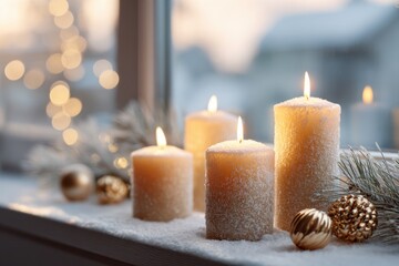 Cozy winter candles on a snowy windowsill