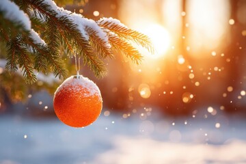 Festive orange ornament on snow-covered branch