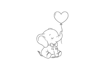 Cute baby elephant holding heart shape balloon line art on white background.