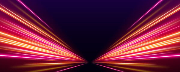 Long exposure, light painting photography. Vibrant streaks of neon blue and pink color against a black background. City road car light trails motion background.  © Strongstock03