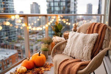 Cozy urban balcony adorned with warm plaid blanket and fall decorations in cityscape