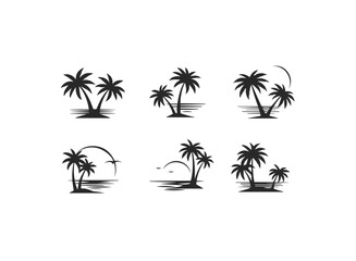 Set of black and white palm tree silhouettes