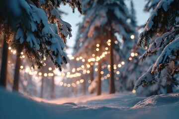 Magical winter scene with glowing lights in snow