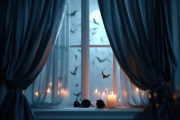 Spooky window scene with bats and candlelight