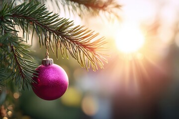 Pink Christmas ornament on pine tree branch