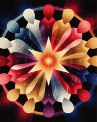 Vibrant Abstract Unity Circle with Diverse Human Silhouettes and Radiant Starburst, Multicolored Teamwork Concept on Black